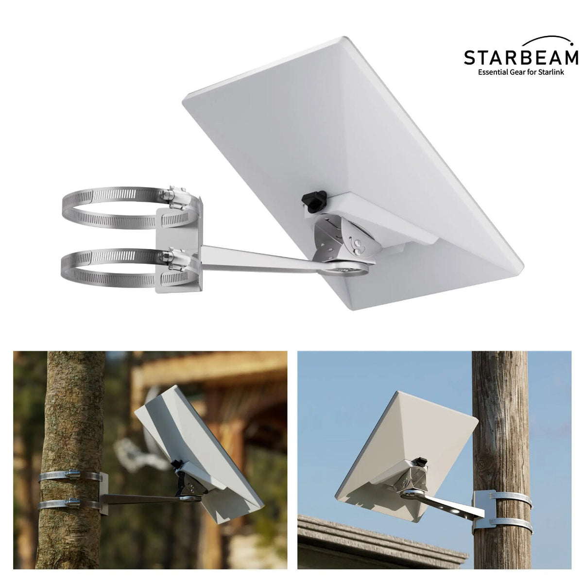 Starlink Mini Light Pole Mount – Stainless Steel Clamps with 360° Adjustable Arm