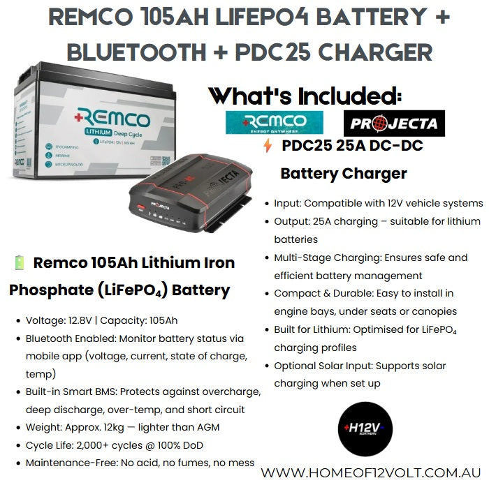 REMCO 105AH LIFEPO4 BATTERY + BLUETOOTH + PDC25 CHARGER