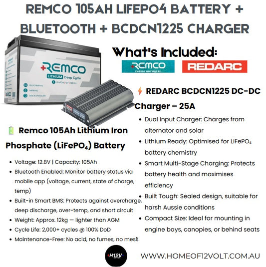 REMCO 105AH LIFEPO4 BATTERY + BLUETOOTH + BCDCN1225 CHARGER