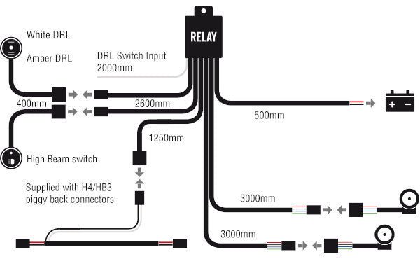 Driving Light Wiring Kit Suits Dual DRL 12/24V +&- Switching H4 & HB4 Piggy Back Connectors