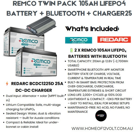 REMCO 105AH LIFEPO4 BATTERY + BLUETOOTH + CHARGER 25