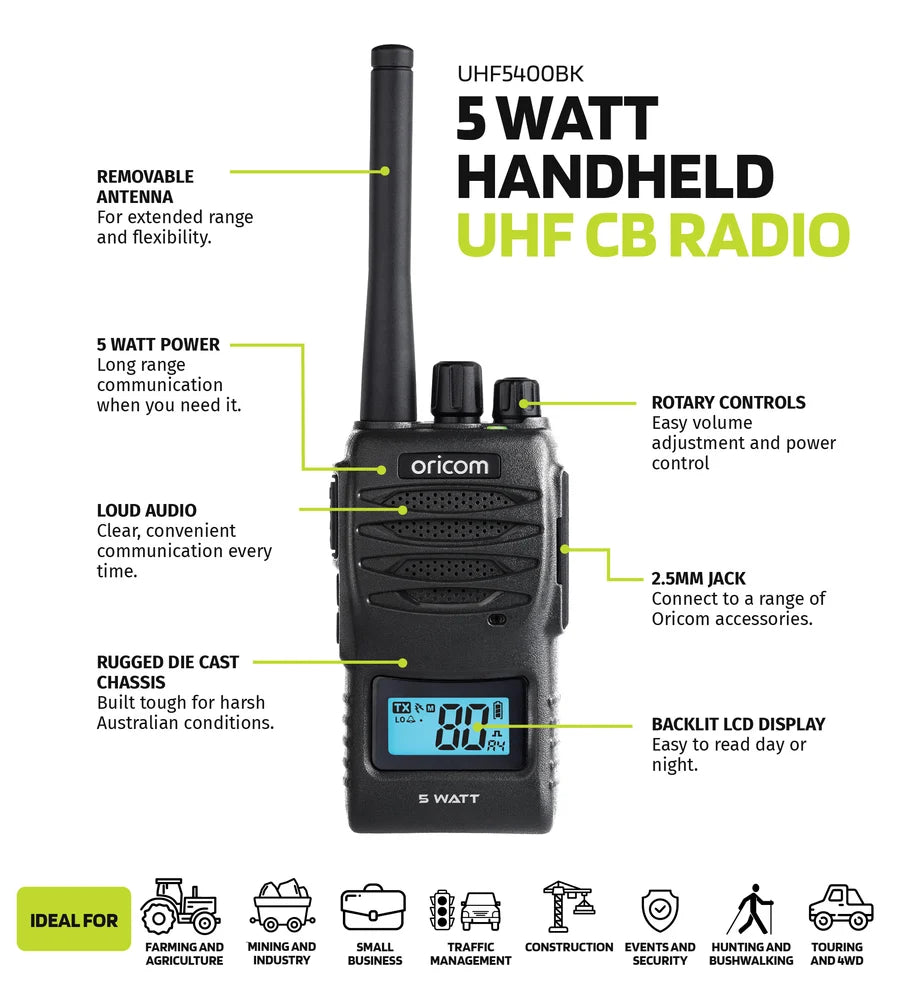 UHF5400BK-2 Twin Pack 5W Handheld UHF CB Radios