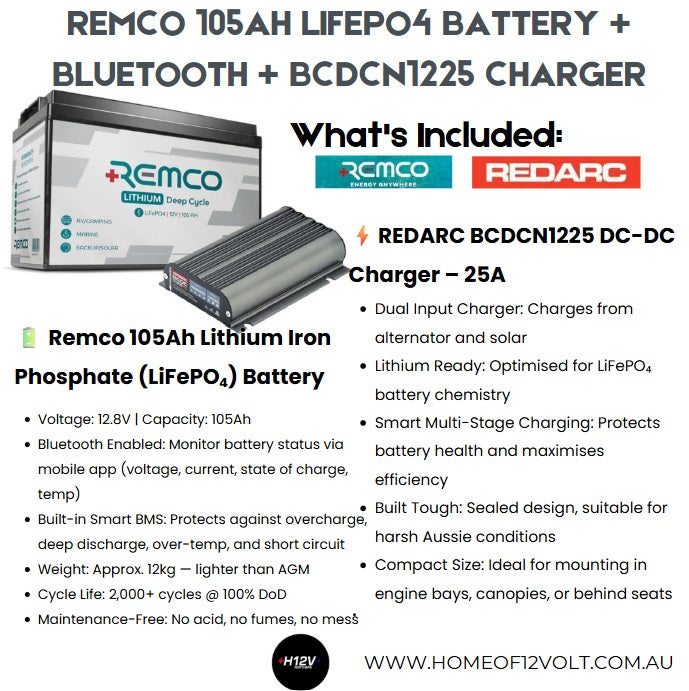 REMCO 105AH LIFEPO4 BATTERY + BLUETOOTH + BCDCN1225 CHARGER
