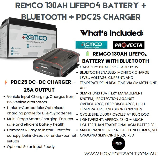 12V 130AH LIFEPO4 BATTERY + BLUETOOTH + PDC25 CHARGER