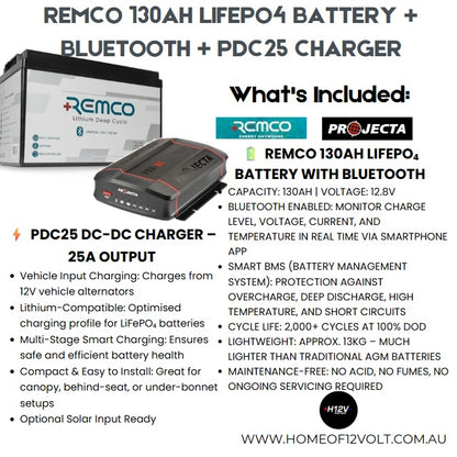 12V 130AH LIFEPO4 BATTERY + BLUETOOTH + PDC25 CHARGER