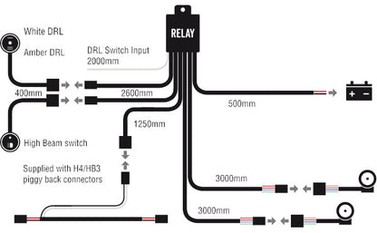 Driving Light Wiring Kit Suits Dual DRL 12/24V +&- Switching H4 & HB4 Piggy Back Connectors